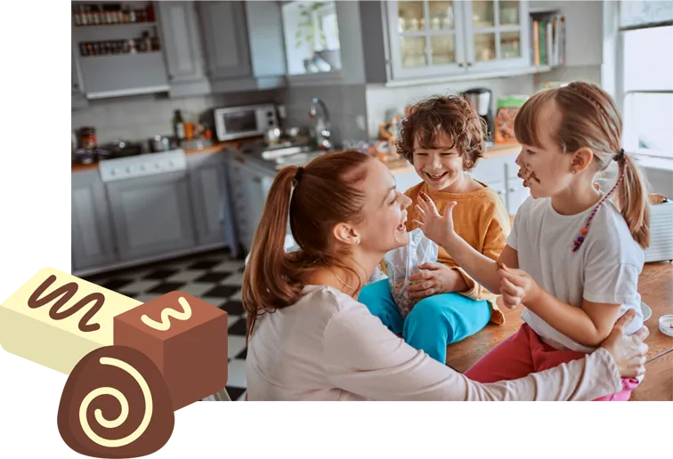 rodina si dává čokoládové dobroty