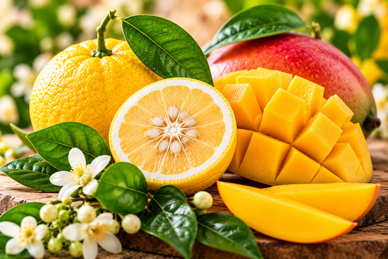 Čerstvé plody yuzu a šťavnaté mango