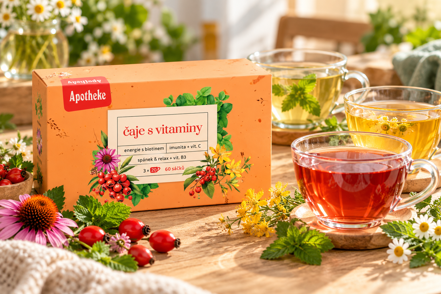 Apotheke kolekce Čaje s vitamíny – tři šálky čaje a dárkové balení