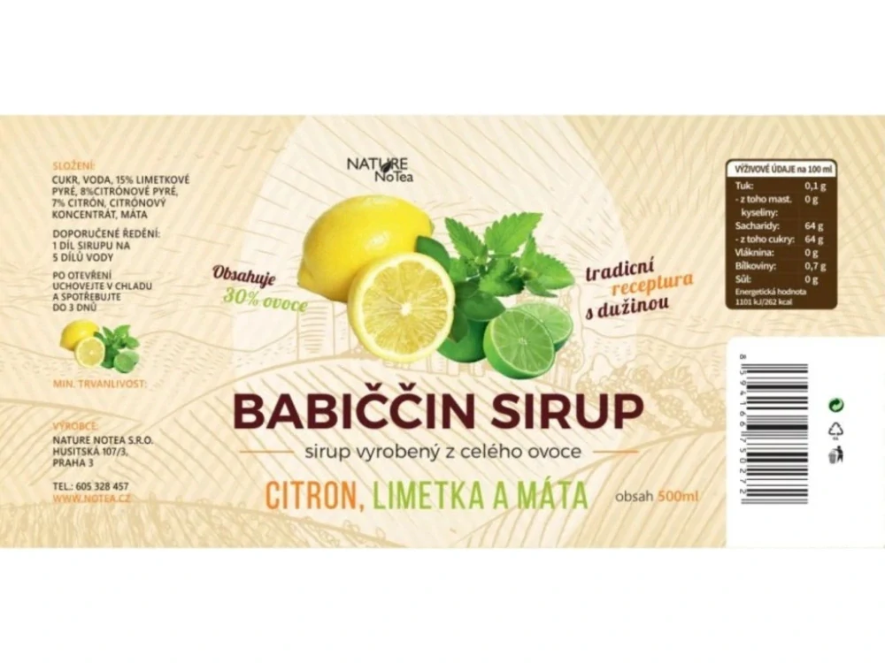Babiččin sirup - Citron s limetkou a mátou 500ml