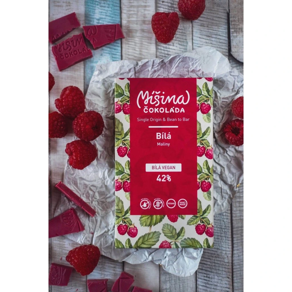 Bílá veganská malinová čokoláda 42% 50g